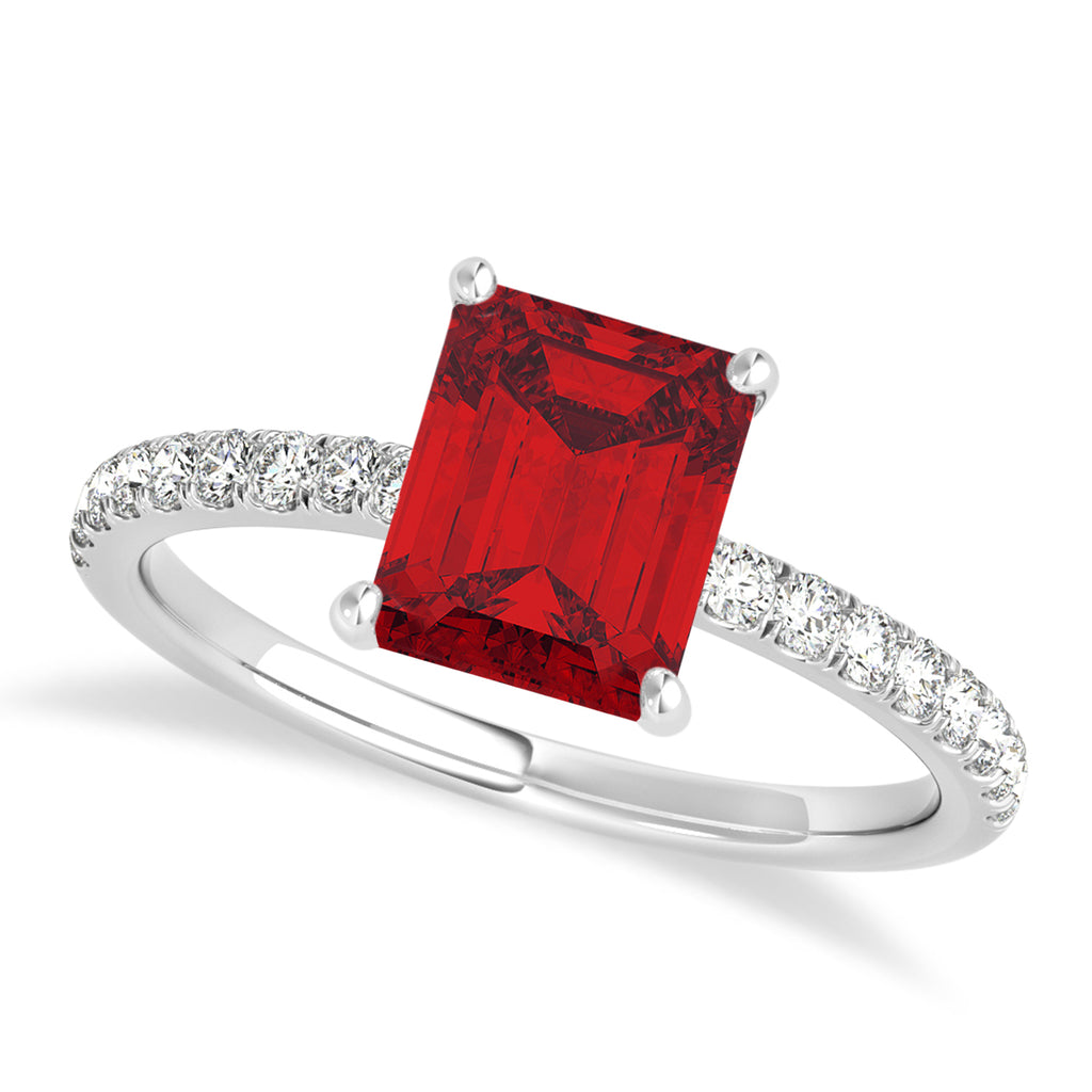 Emerald Ruby & Diamond Single Row Hidden Halo Engagement Ring 18k White Gold (1.31ct)