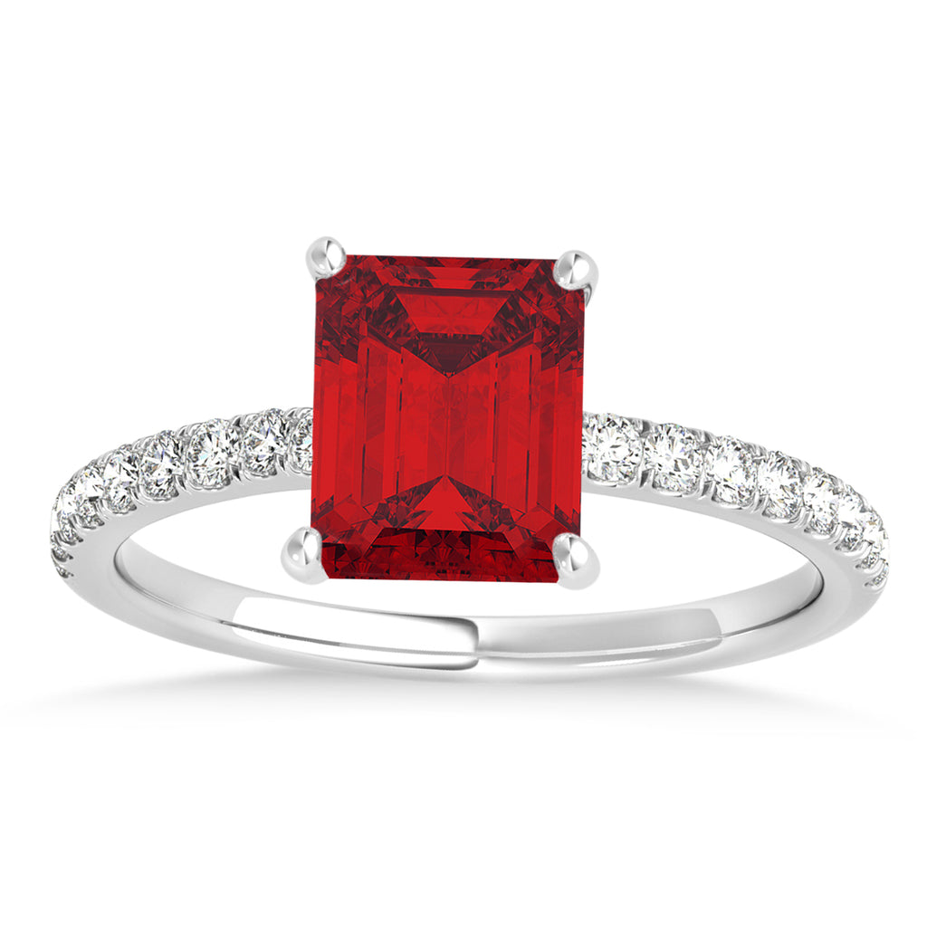 Emerald Ruby & Diamond Single Row Hidden Halo Engagement Ring 18k White Gold (1.31ct)