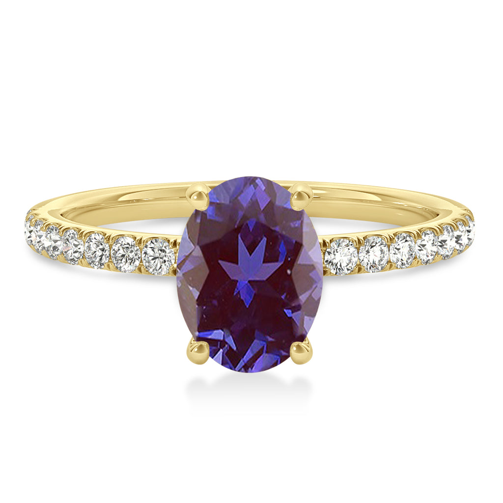 Oval Alexandrite & Diamond Single Row Hidden Halo Engagement Ring 14k Yellow Gold (0.68ct)