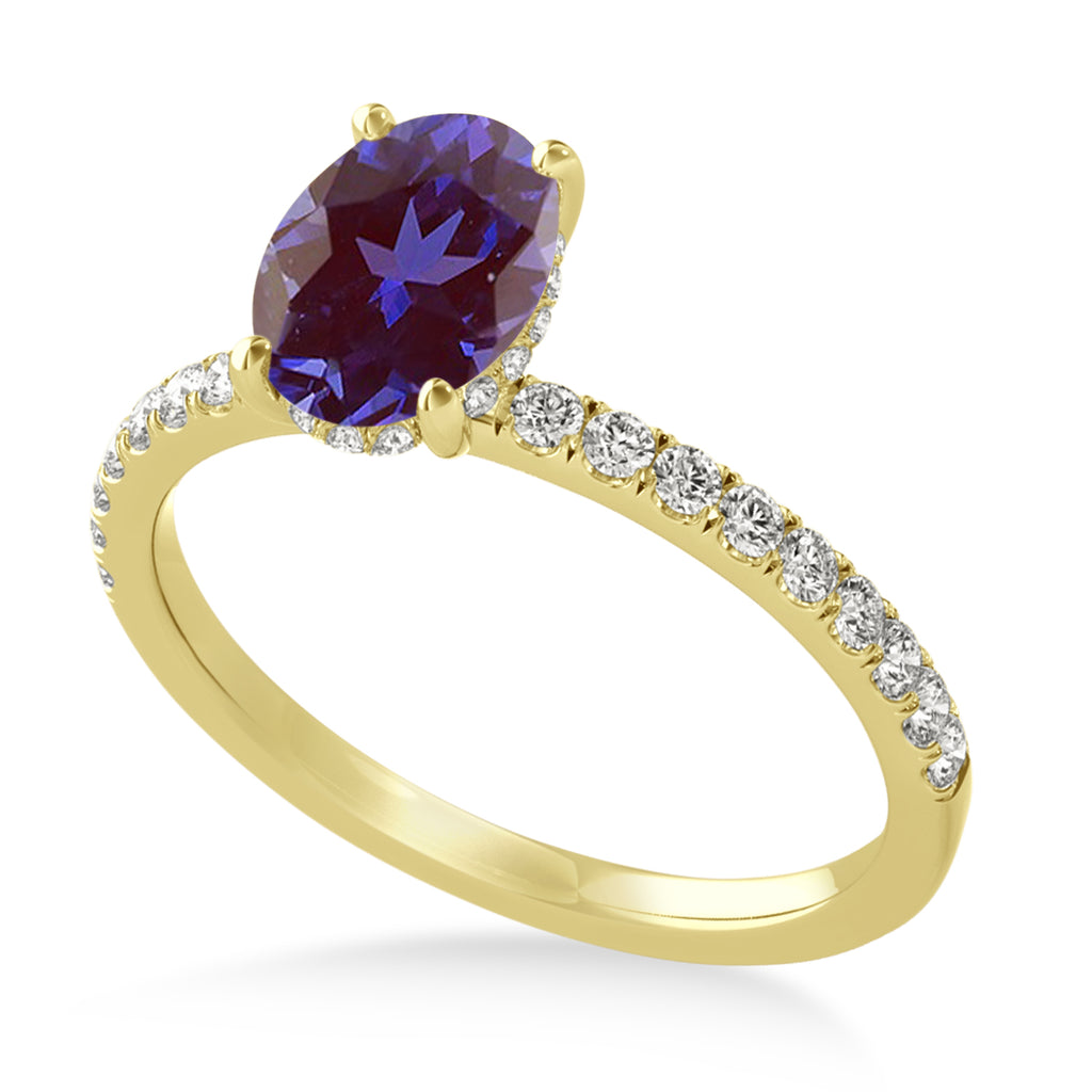 Oval Alexandrite & Diamond Single Row Hidden Halo Engagement Ring 14k Yellow Gold (0.68ct)