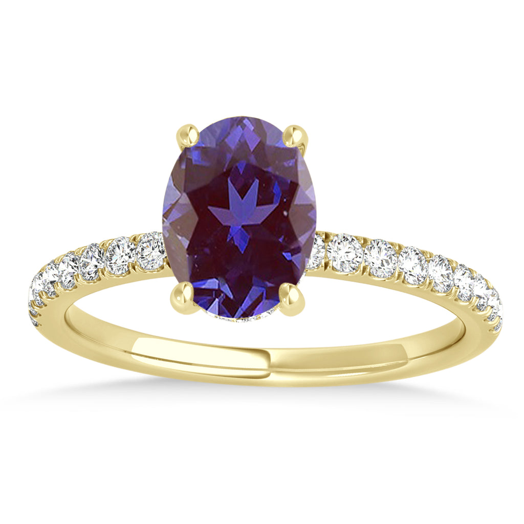 Oval Alexandrite & Diamond Single Row Hidden Halo Engagement Ring 14k Yellow Gold (0.68ct)