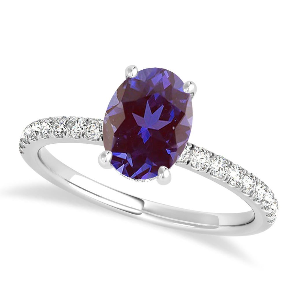 Oval Alexandrite & Diamond Single Row Hidden Halo Engagement Ring 18k White Gold (0.68ct)