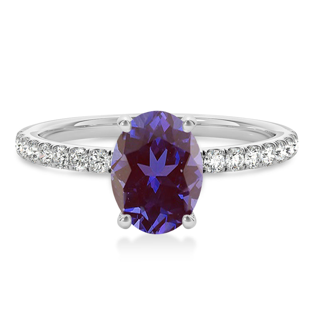 Oval Alexandrite & Diamond Single Row Hidden Halo Engagement Ring 18k White Gold (0.68ct)