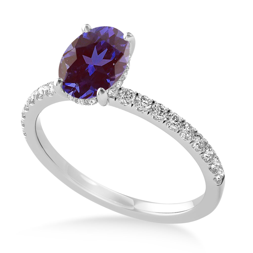 Oval Alexandrite & Diamond Single Row Hidden Halo Engagement Ring 18k White Gold (0.68ct)