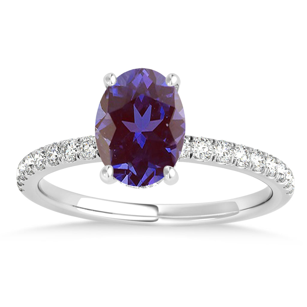 Oval Alexandrite & Diamond Single Row Hidden Halo Engagement Ring 18k White Gold (0.68ct)