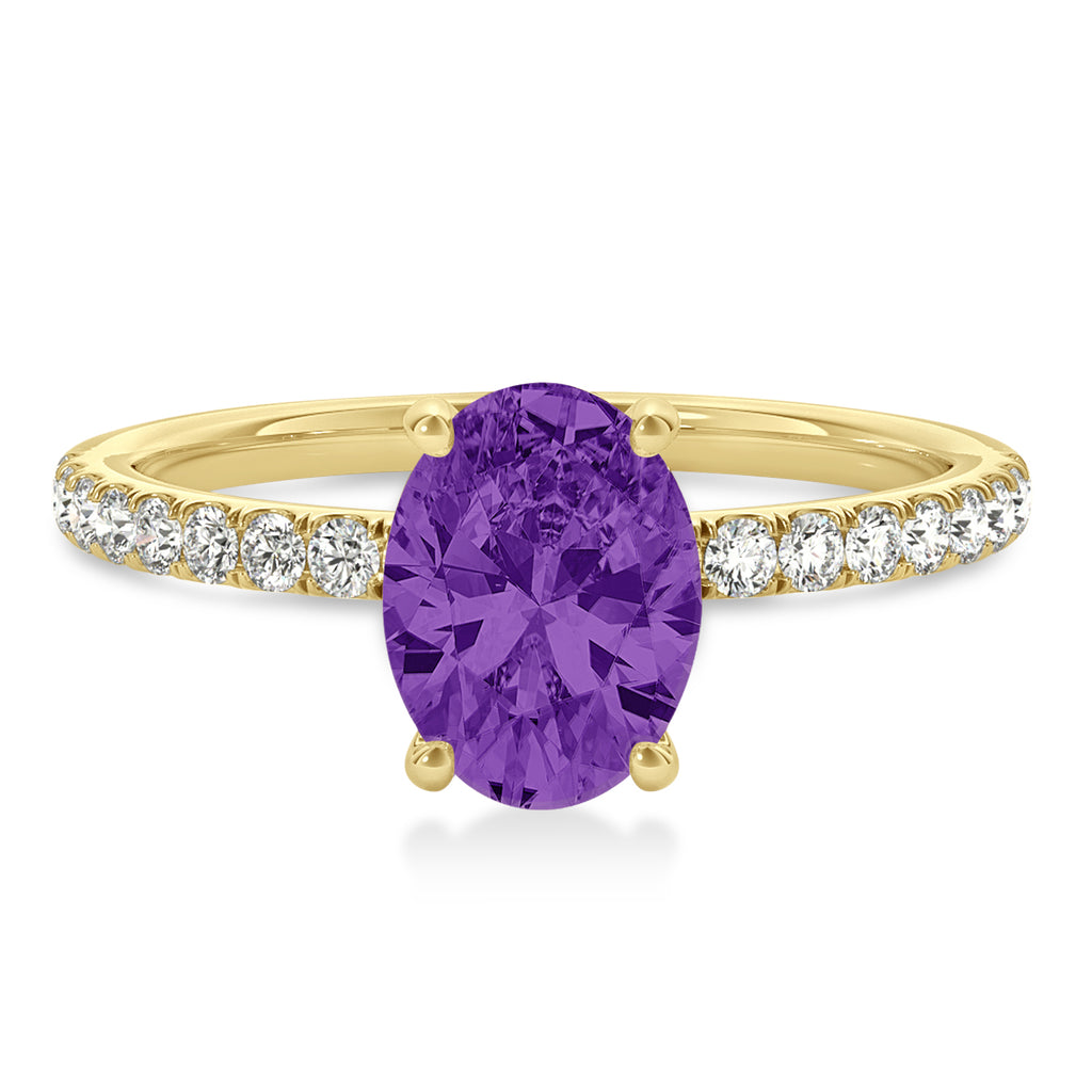 Oval Amethyst & Diamond Single Row Hidden Halo Engagement Ring 14k Yellow Gold (0.68ct)