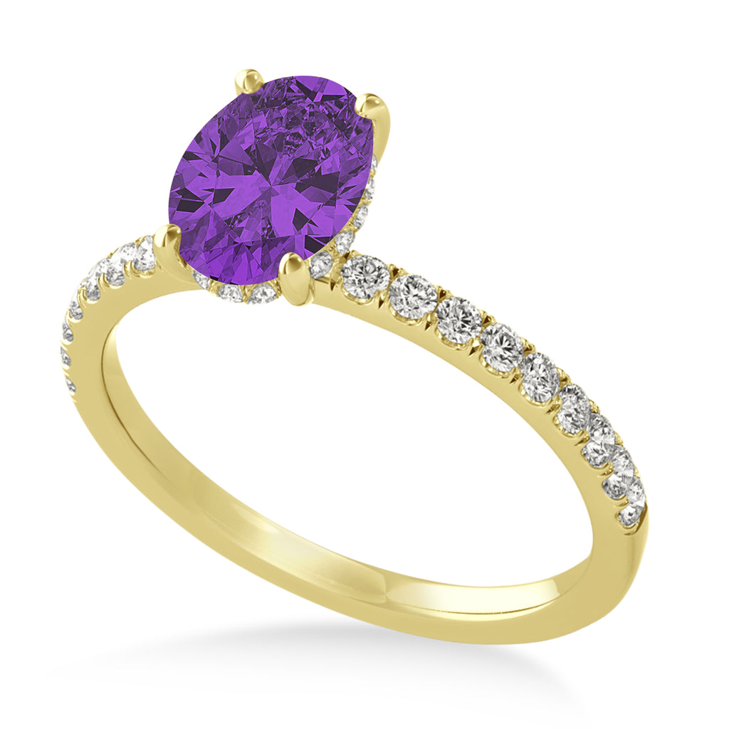 Oval Amethyst & Diamond Single Row Hidden Halo Engagement Ring 14k Yellow Gold (0.68ct)