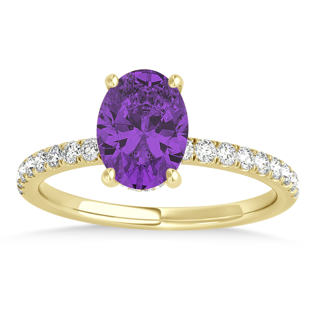 Oval Amethyst & Diamond Single Row Hidden Halo Engagement Ring 14k Yellow Gold (0.68ct)
