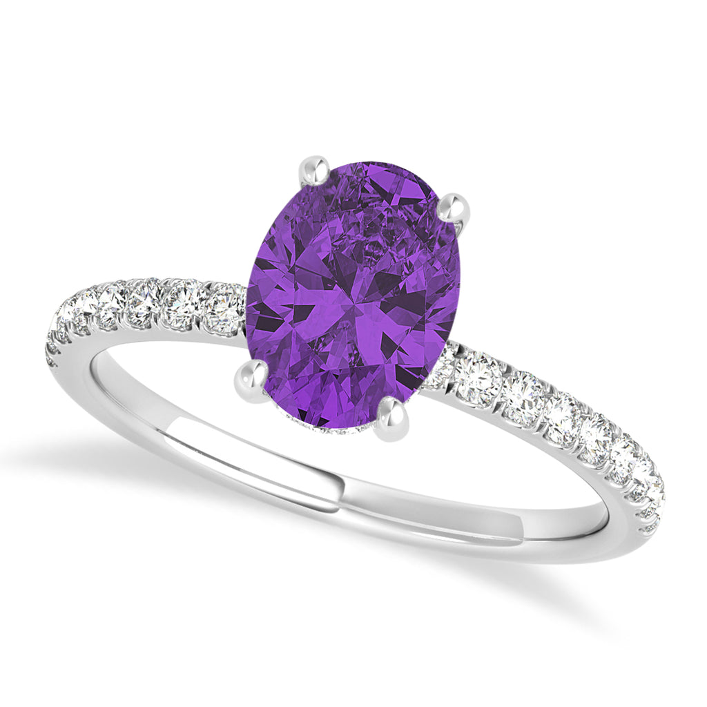 Oval Amethyst & Diamond Single Row Hidden Halo Engagement Ring 18k White Gold (0.68ct)