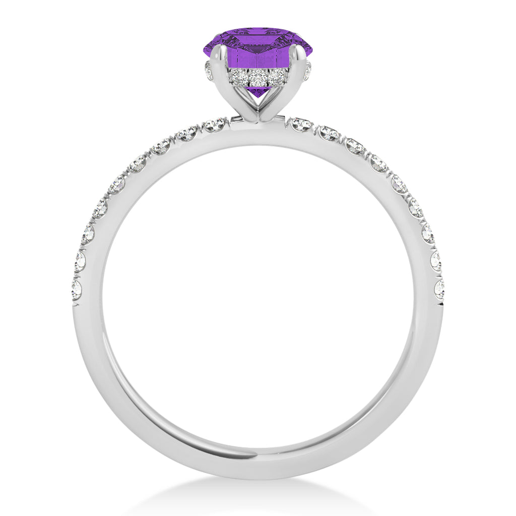 Oval Amethyst & Diamond Single Row Hidden Halo Engagement Ring 18k White Gold (0.68ct)