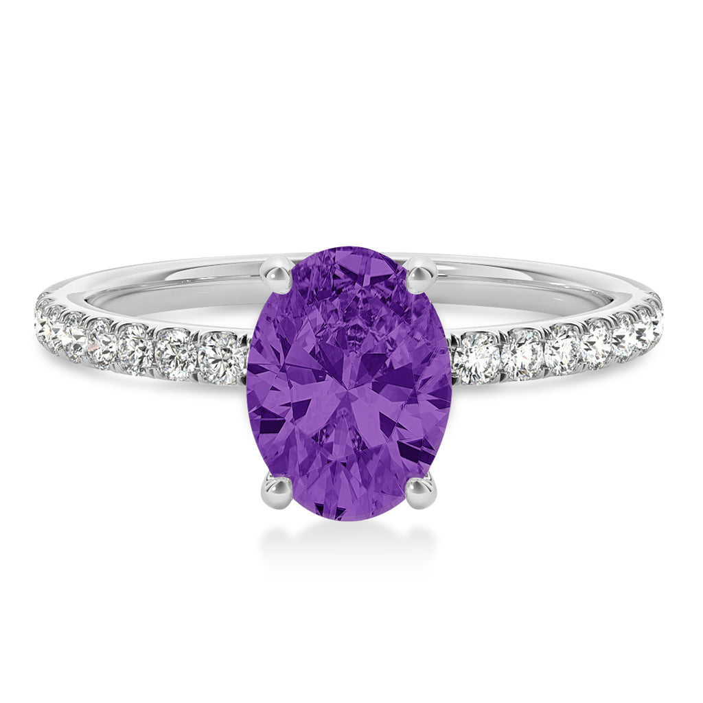 Oval Amethyst & Diamond Single Row Hidden Halo Engagement Ring 18k White Gold (0.68ct)