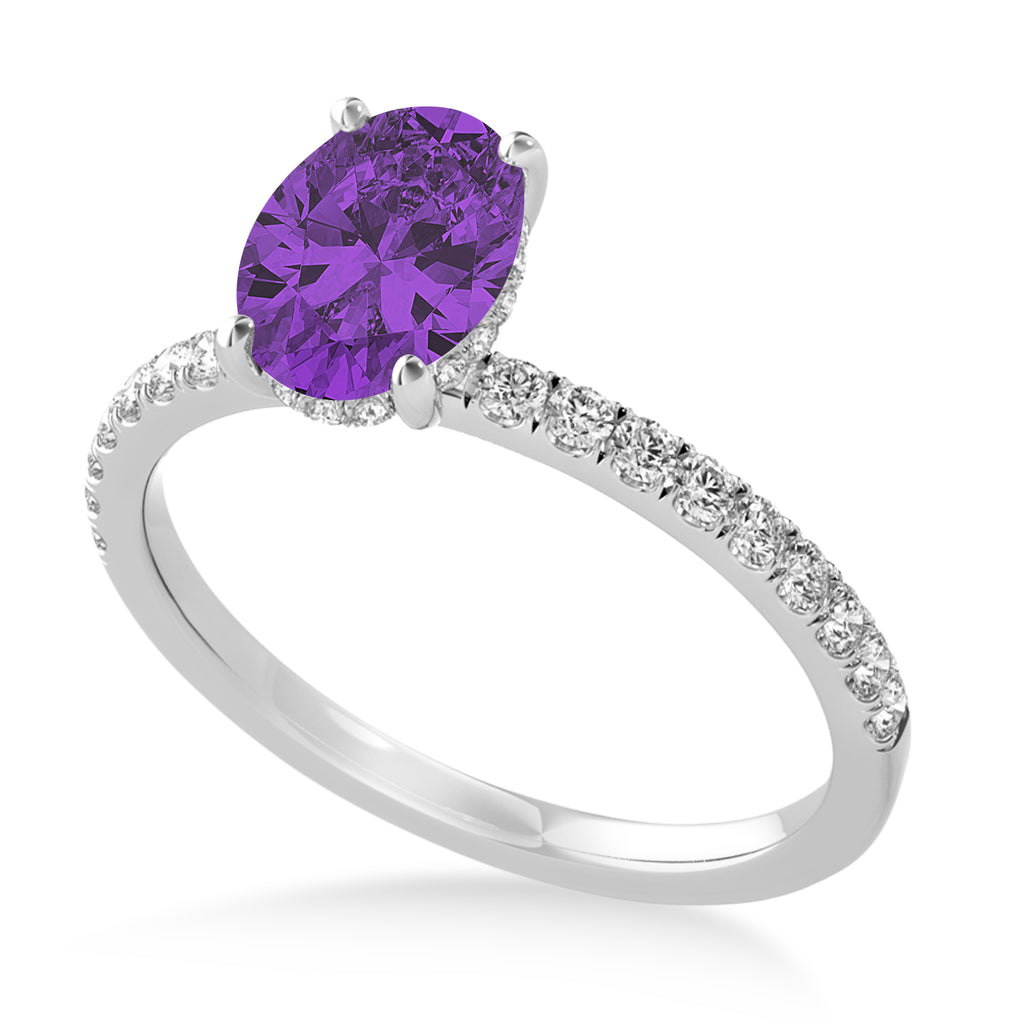 Oval Amethyst & Diamond Single Row Hidden Halo Engagement Ring 18k White Gold (0.68ct)