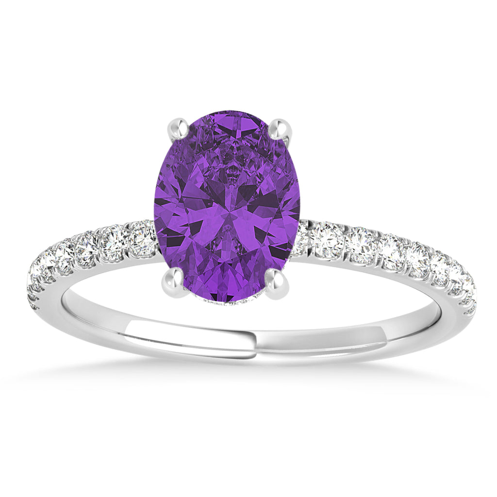 Oval Amethyst & Diamond Single Row Hidden Halo Engagement Ring 18k White Gold (0.68ct)