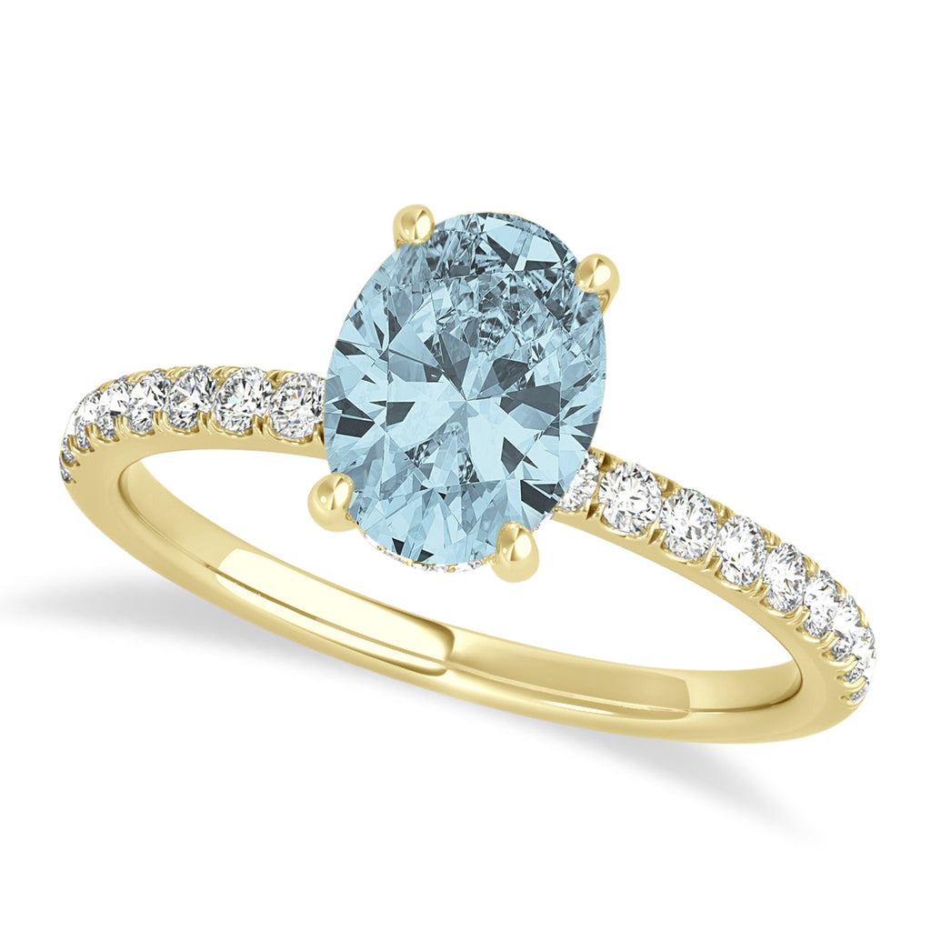 Oval Aquamarine & Diamond Single Row Hidden Halo Engagement Ring 14k Yellow Gold (0.68ct)