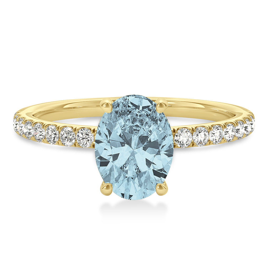 Oval Aquamarine & Diamond Single Row Hidden Halo Engagement Ring 14k Yellow Gold (0.68ct)