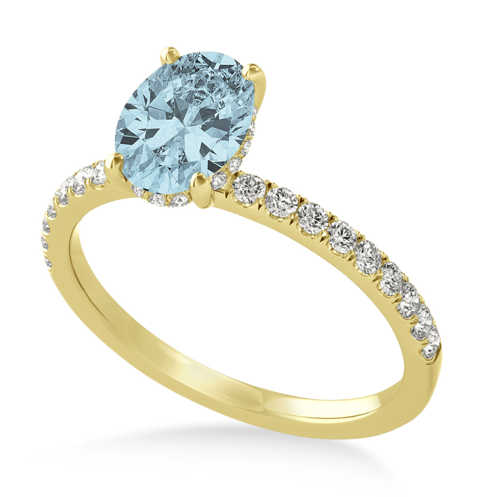 Oval Aquamarine & Diamond Single Row Hidden Halo Engagement Ring 14k Yellow Gold (0.68ct)