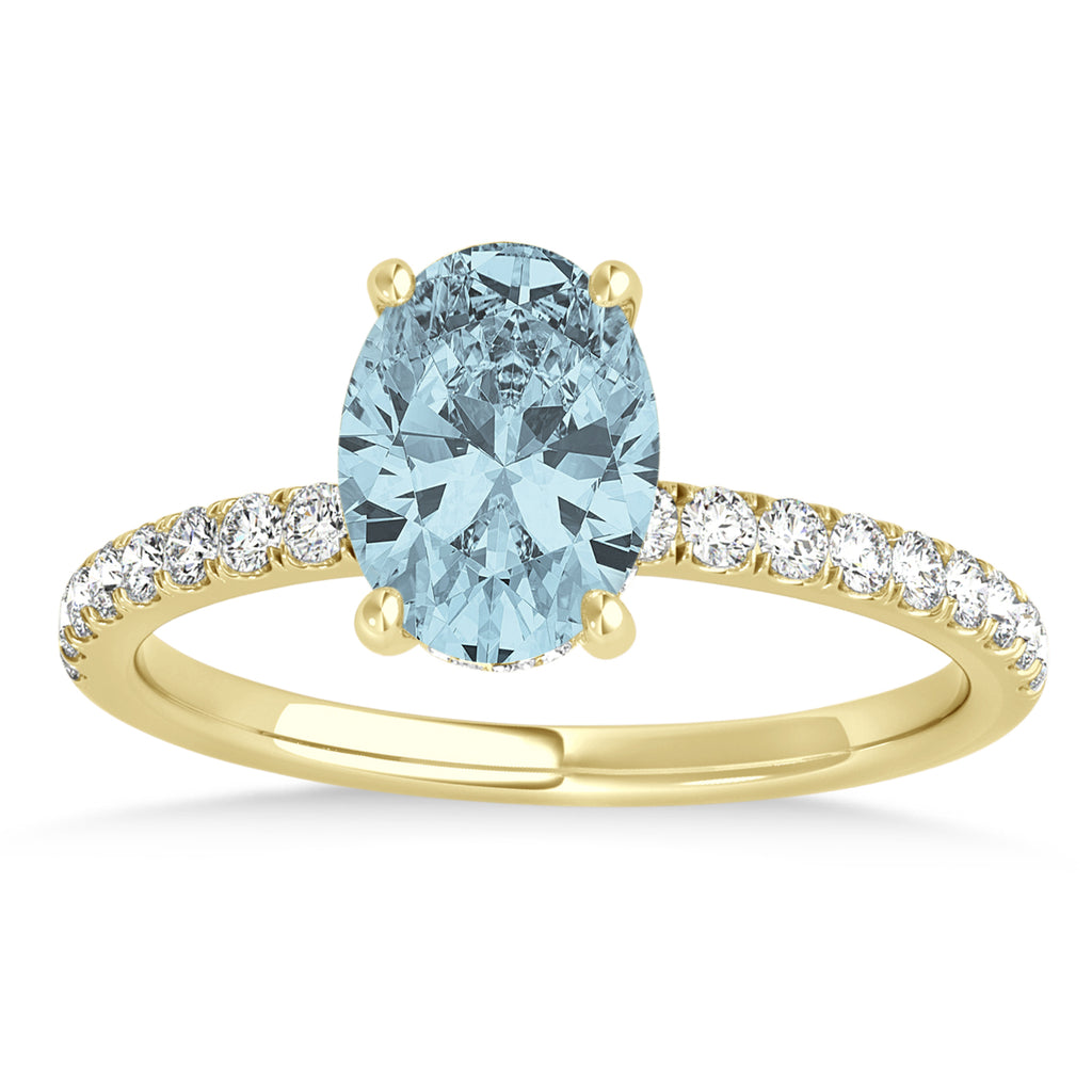 Oval Aquamarine & Diamond Single Row Hidden Halo Engagement Ring 14k Yellow Gold (0.68ct)
