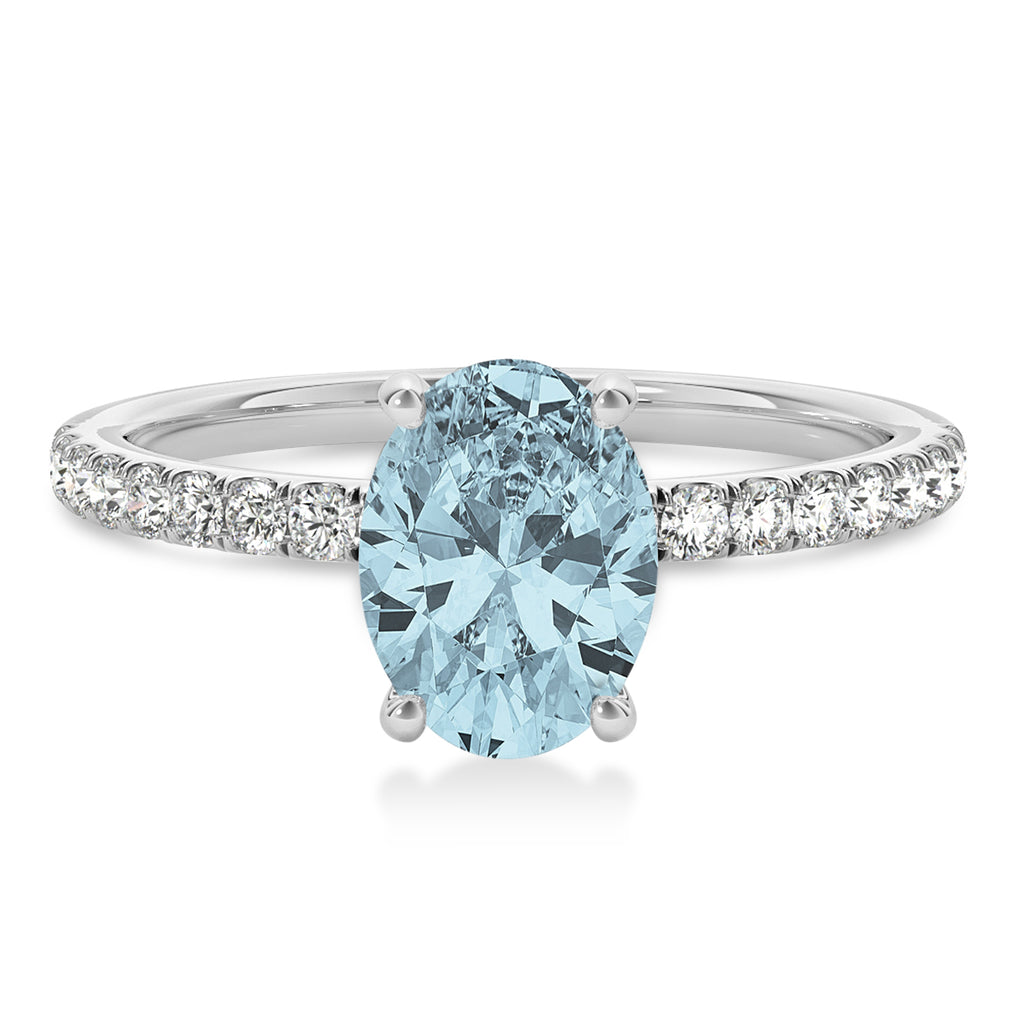 Oval Aquamarine & Diamond Single Row Hidden Halo Engagement Ring 18k White Gold (0.68ct)