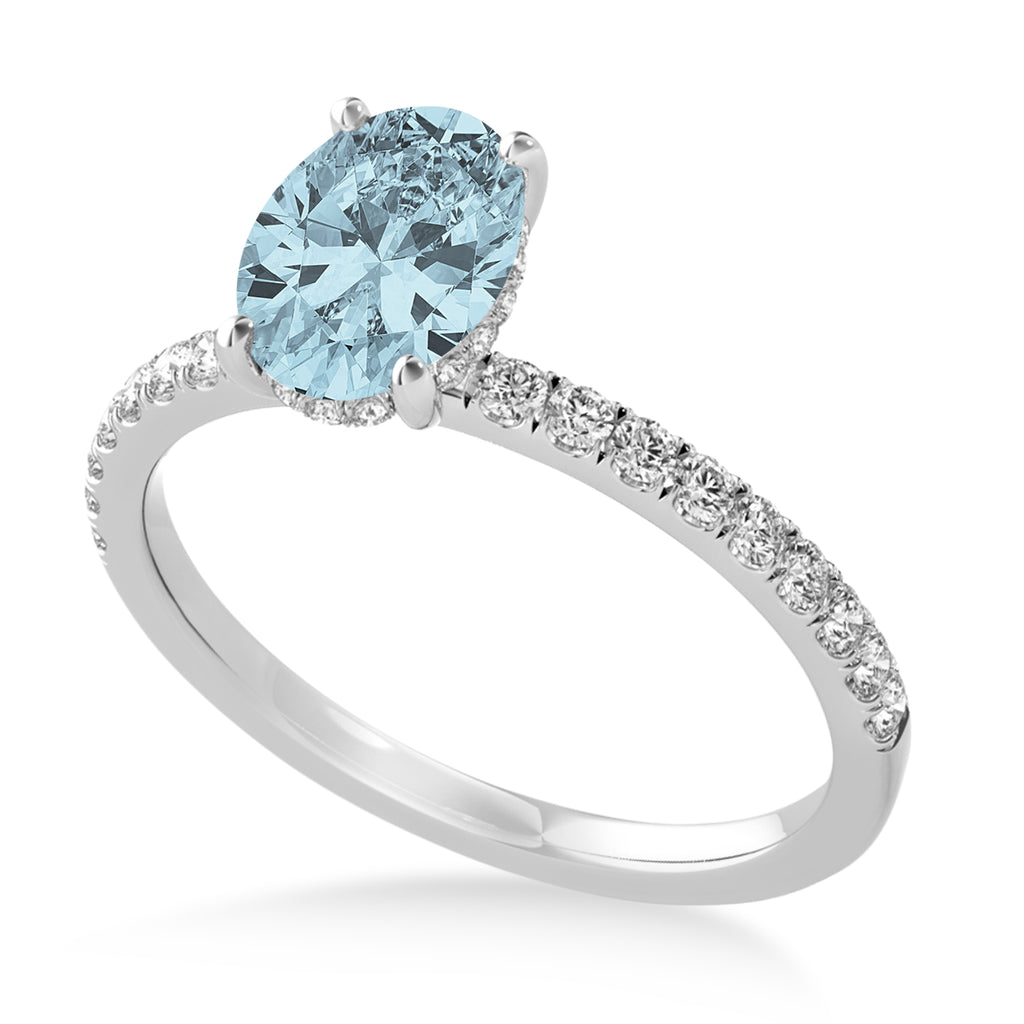 Oval Aquamarine & Diamond Single Row Hidden Halo Engagement Ring 18k White Gold (0.68ct)