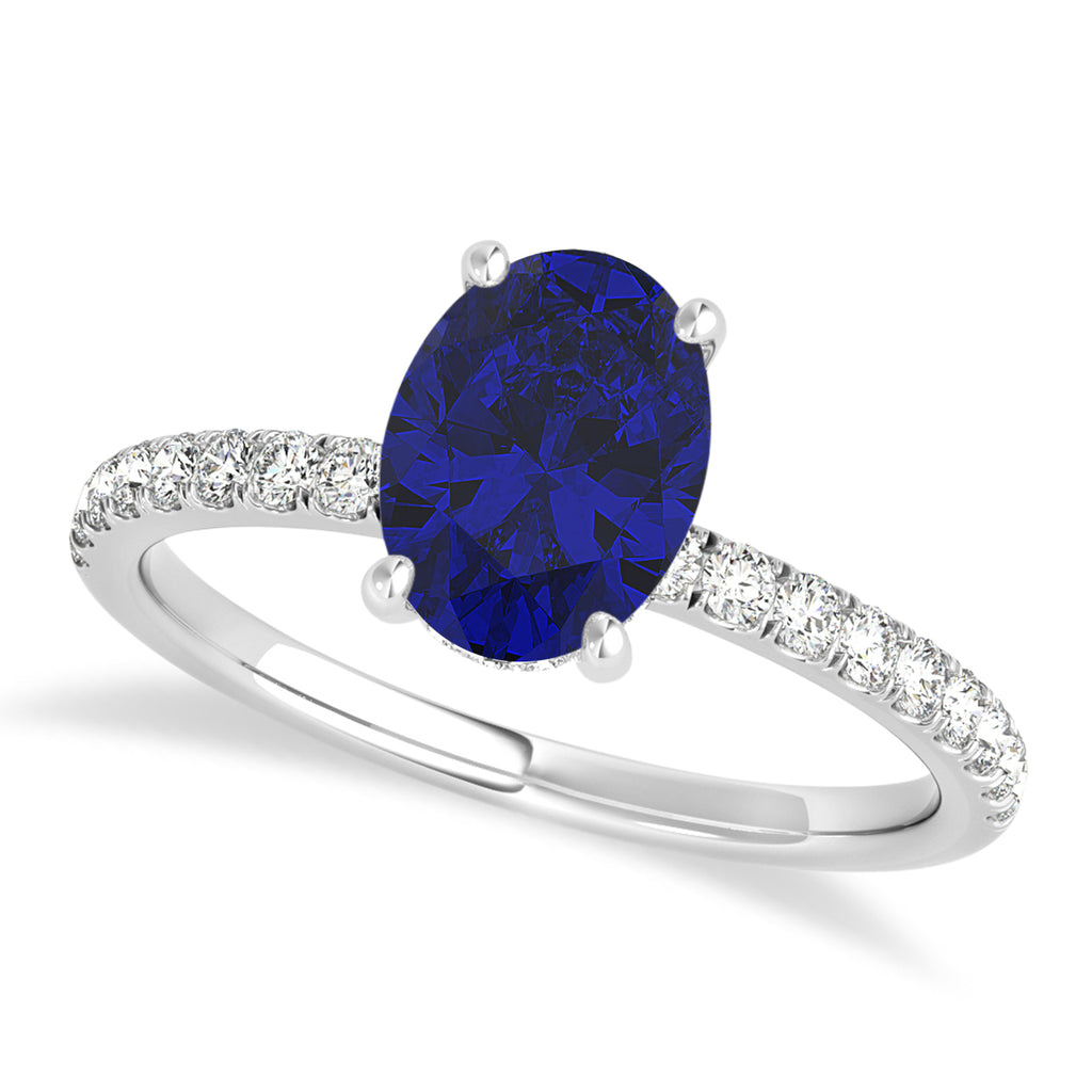 Oval Blue Sapphire & Diamond Single Row Hidden Halo Engagement Ring 14k White Gold (0.68ct)