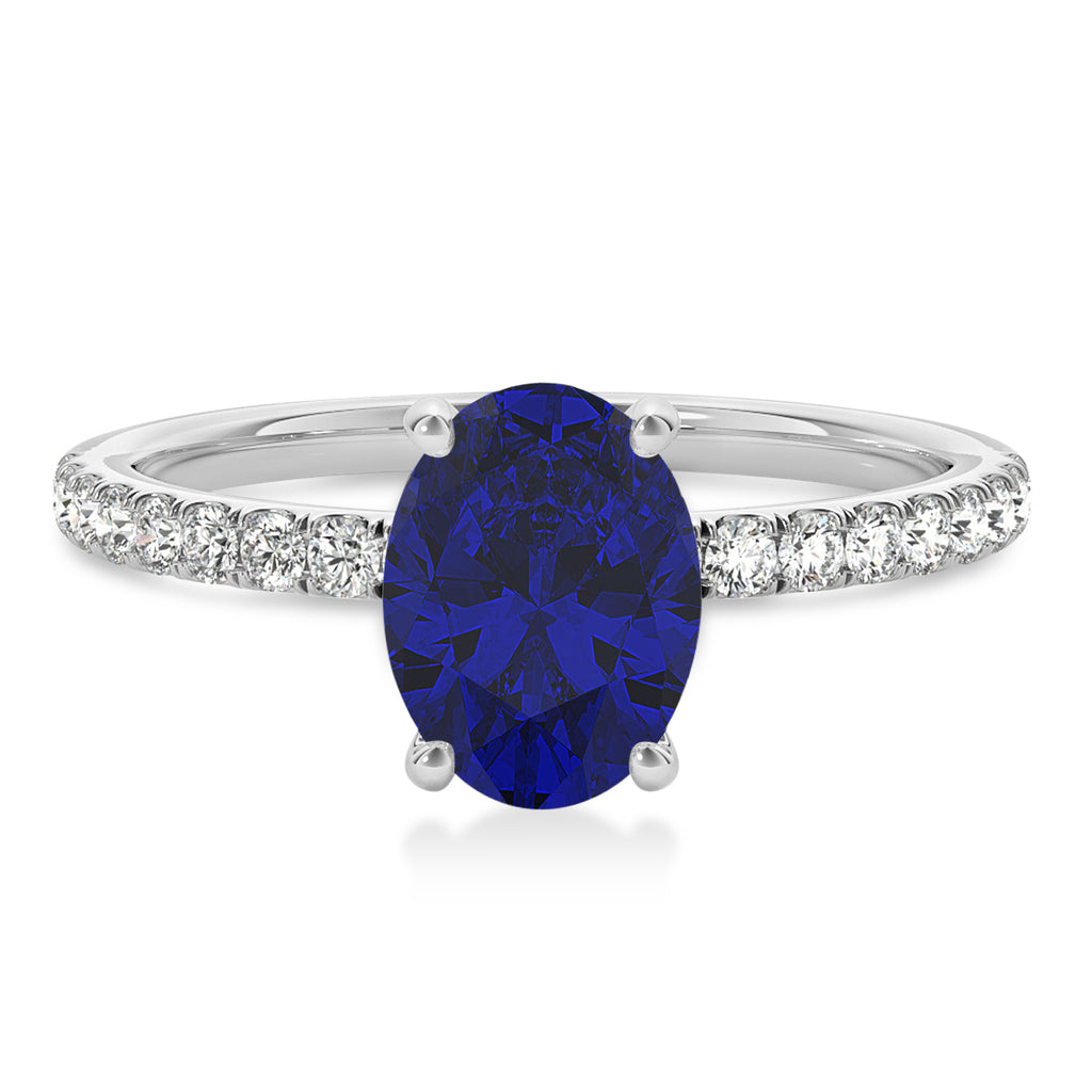 Oval Blue Sapphire & Diamond Single Row Hidden Halo Engagement Ring 14k White Gold (0.68ct)
