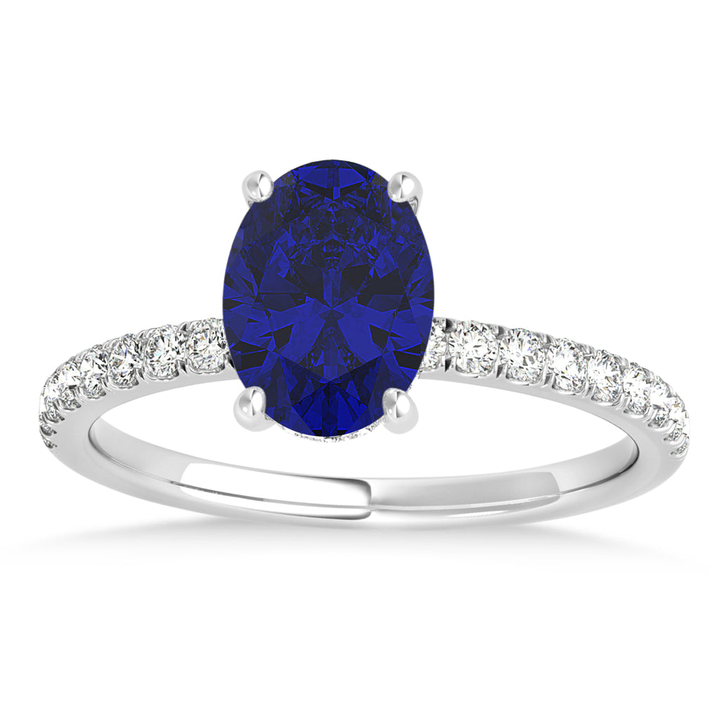 Oval Blue Sapphire & Diamond Single Row Hidden Halo Engagement Ring 14k White Gold (0.68ct)