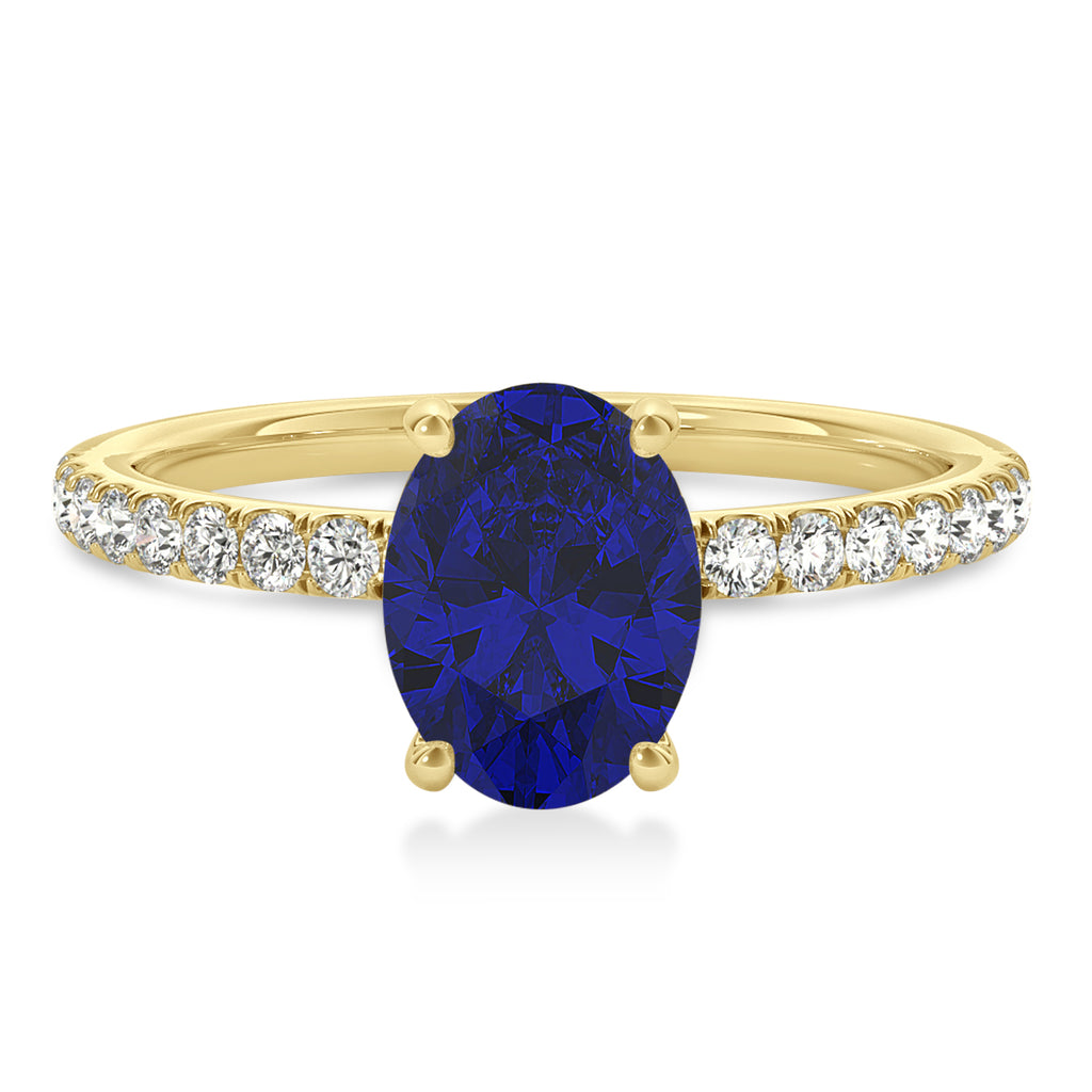 Oval Blue Sapphire & Diamond Single Row Hidden Halo Engagement Ring 14k Yellow Gold (0.68ct)