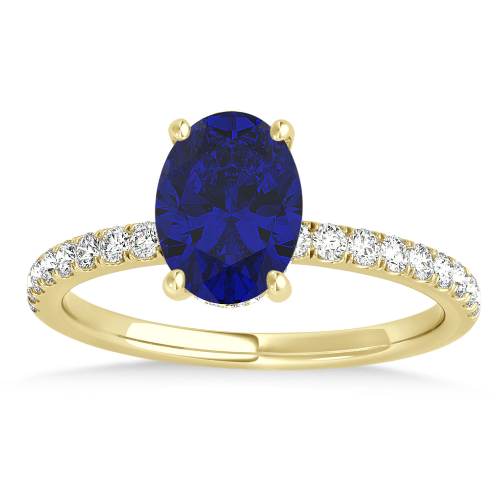 Oval Blue Sapphire & Diamond Single Row Hidden Halo Engagement Ring 14k Yellow Gold (0.68ct)