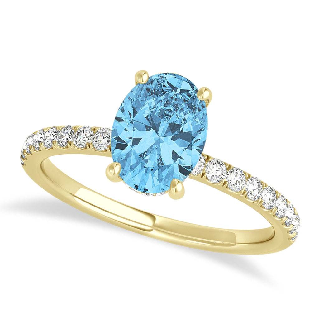 Oval Blue Topaz & Diamond Single Row Hidden Halo Engagement Ring 14k Yellow Gold (0.68ct)