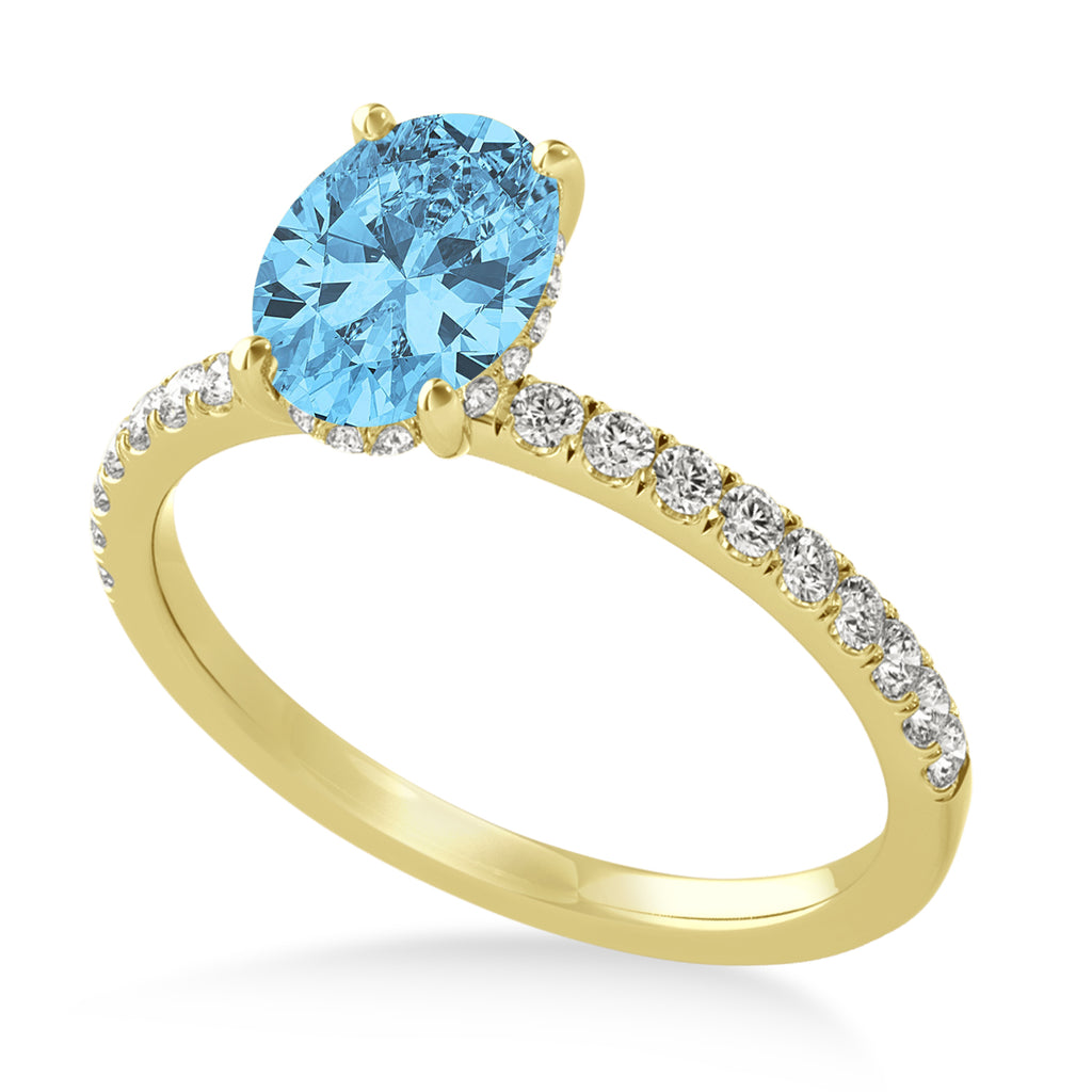 Oval Blue Topaz & Diamond Single Row Hidden Halo Engagement Ring 14k Yellow Gold (0.68ct)