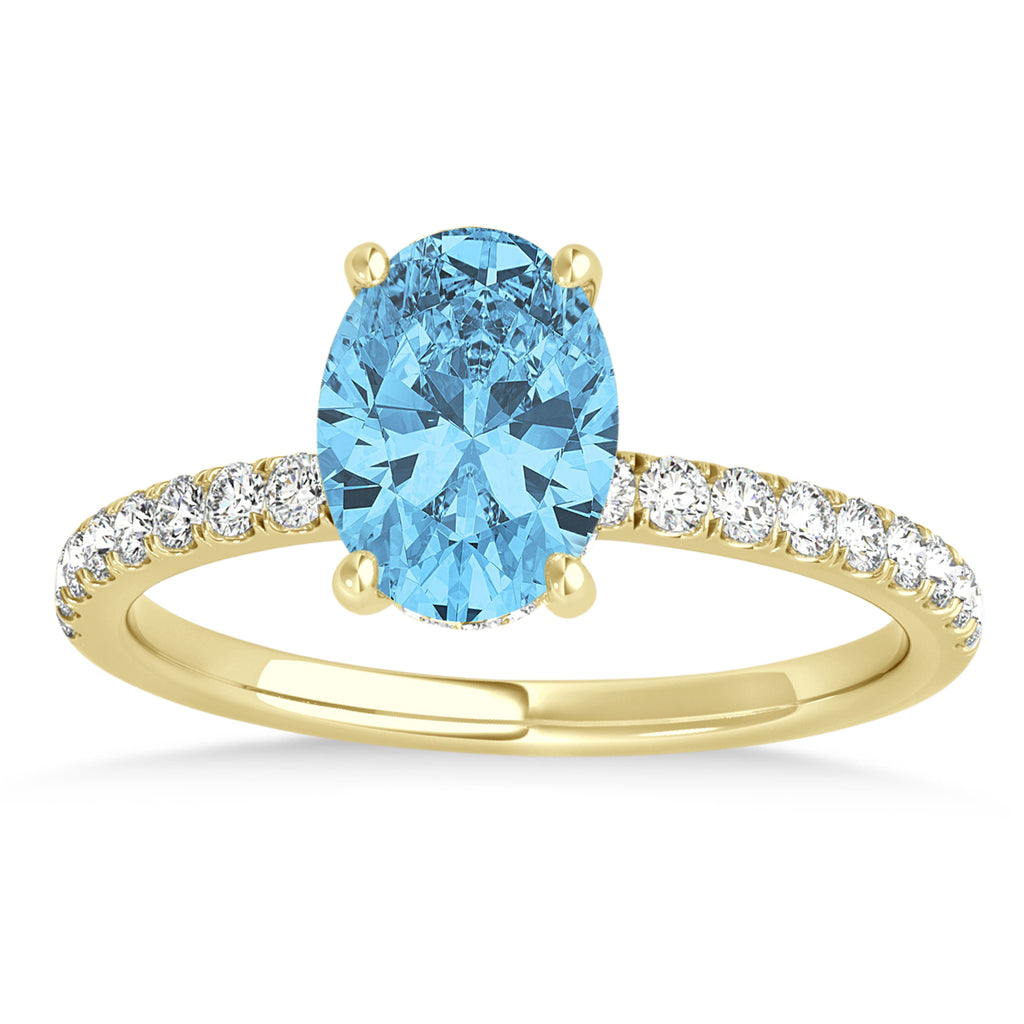 Oval Blue Topaz & Diamond Single Row Hidden Halo Engagement Ring 14k Yellow Gold (0.68ct)