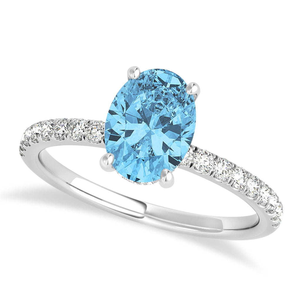 Oval Blue Topaz & Diamond Single Row Hidden Halo Engagement Ring 18k White Gold (0.68ct)