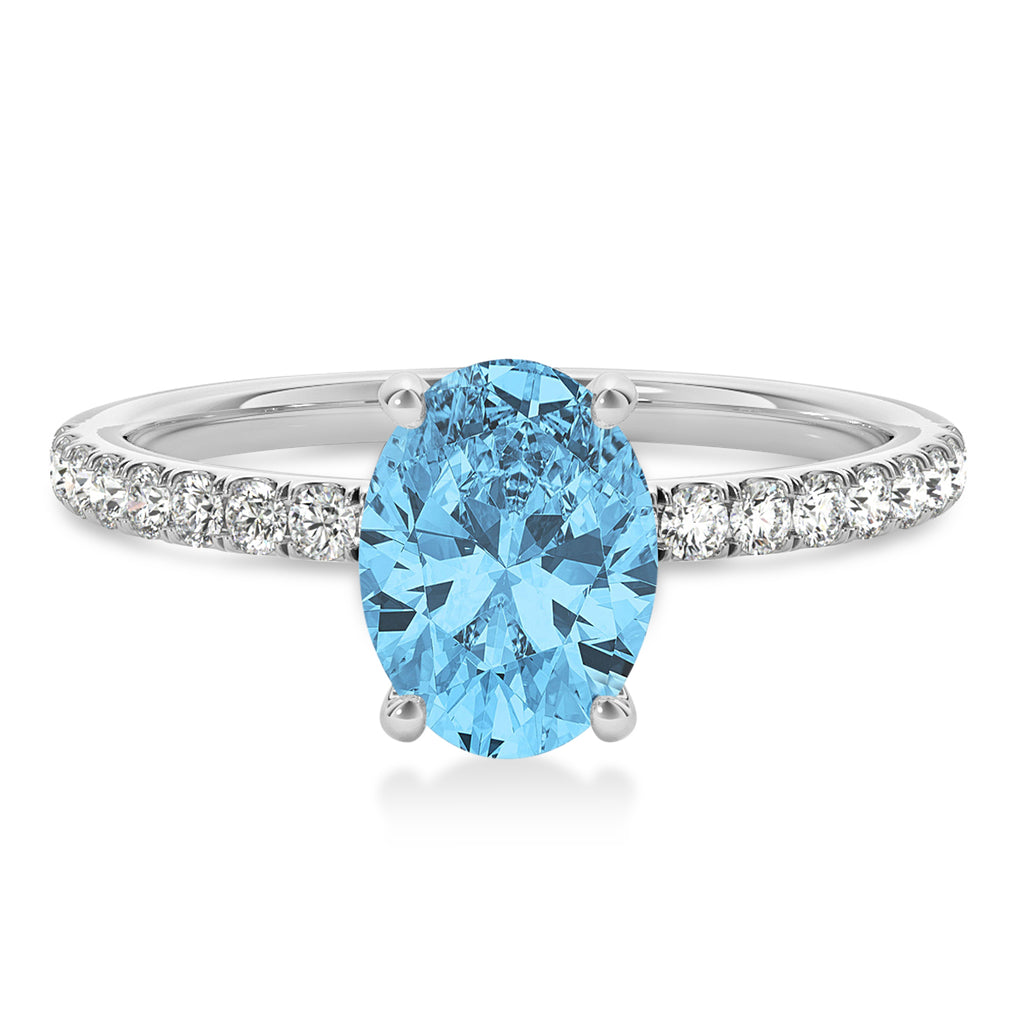 Oval Blue Topaz & Diamond Single Row Hidden Halo Engagement Ring 18k White Gold (0.68ct)