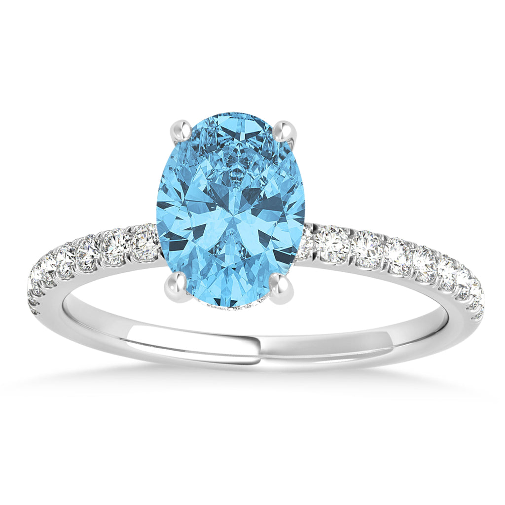 Oval Blue Topaz & Diamond Single Row Hidden Halo Engagement Ring 18k White Gold (0.68ct)