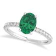 Oval Emerald & Diamond Single Row Hidden Halo Engagement Ring 18k White Gold (0.68ct)