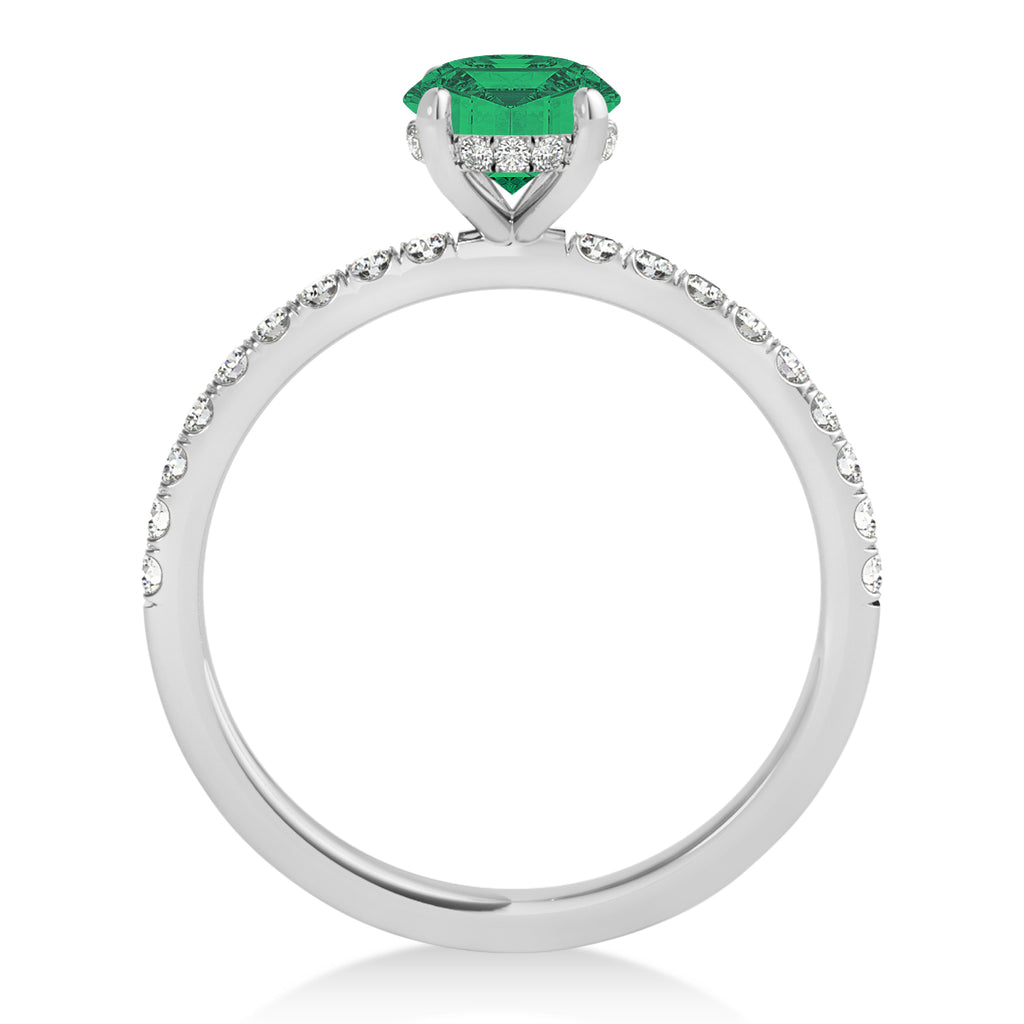 Oval Emerald & Diamond Single Row Hidden Halo Engagement Ring 18k White Gold (0.68ct)