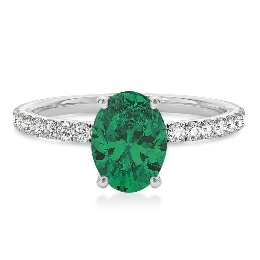 Oval Emerald & Diamond Single Row Hidden Halo Engagement Ring 18k White Gold (0.68ct)