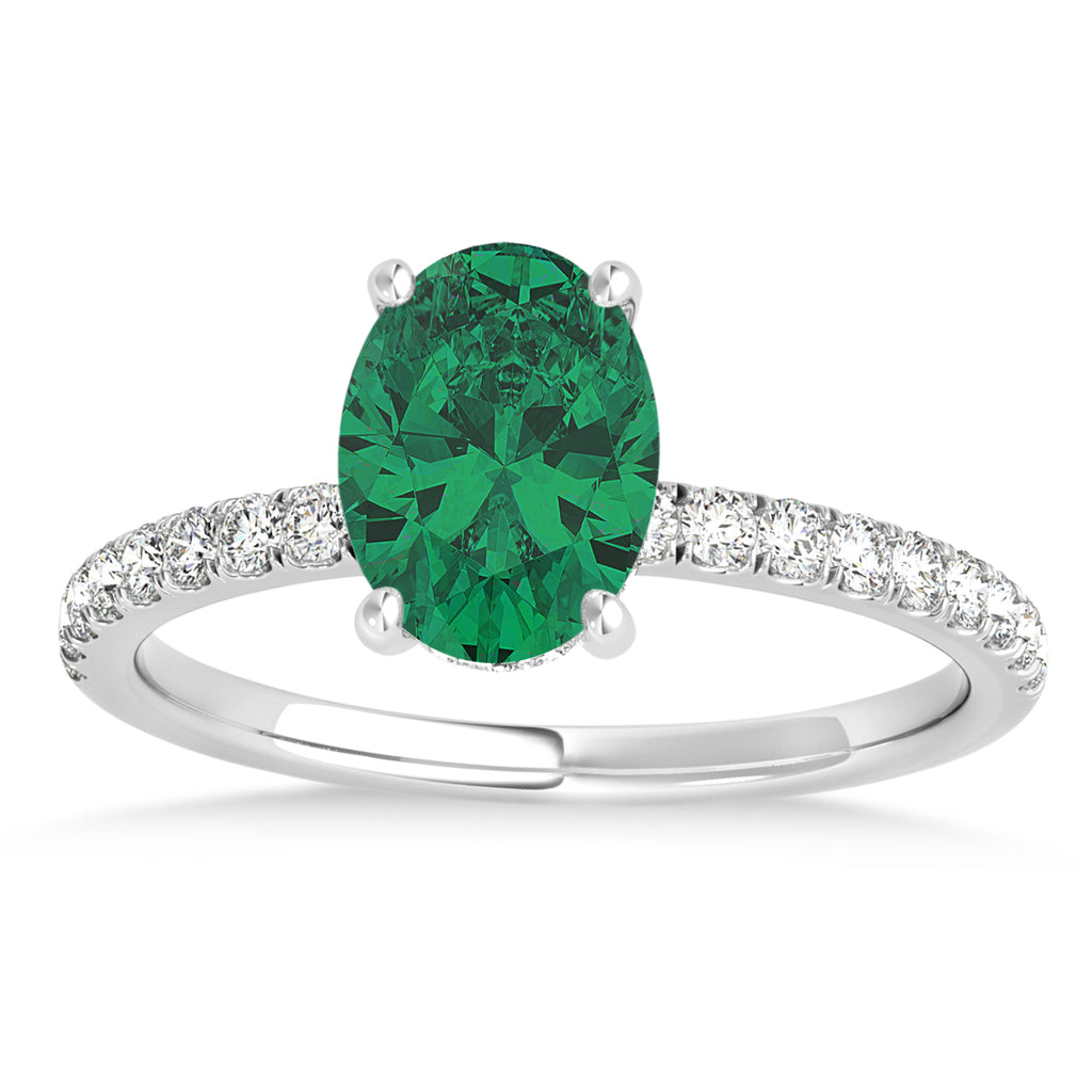 Oval Emerald & Diamond Single Row Hidden Halo Engagement Ring 18k White Gold (0.68ct)