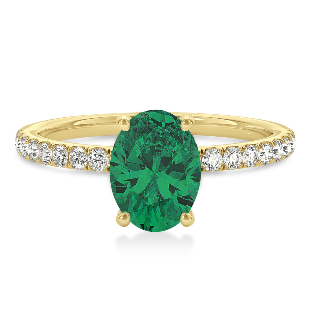 Oval Emerald & Diamond Single Row Hidden Halo Engagement Ring 18k Yellow Gold (0.68ct)