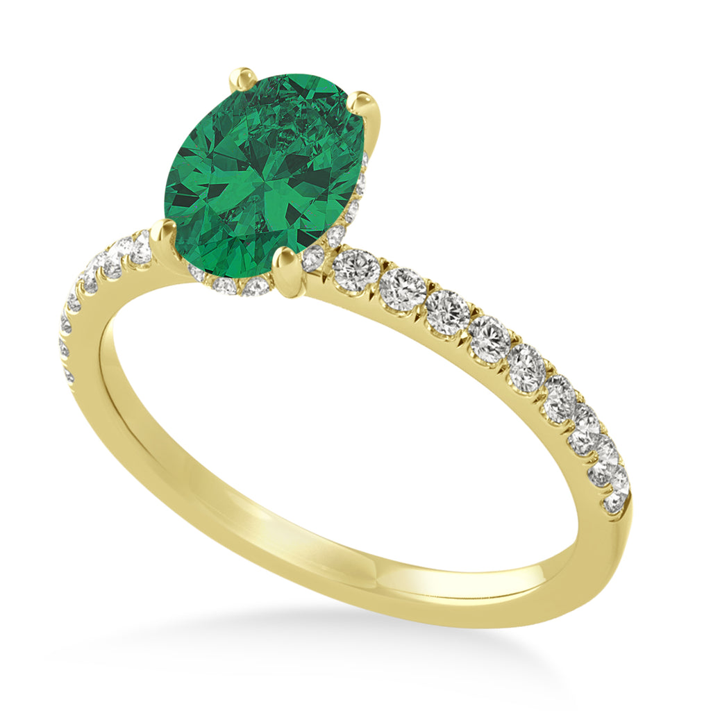 Oval Emerald & Diamond Single Row Hidden Halo Engagement Ring 18k Yellow Gold (0.68ct)