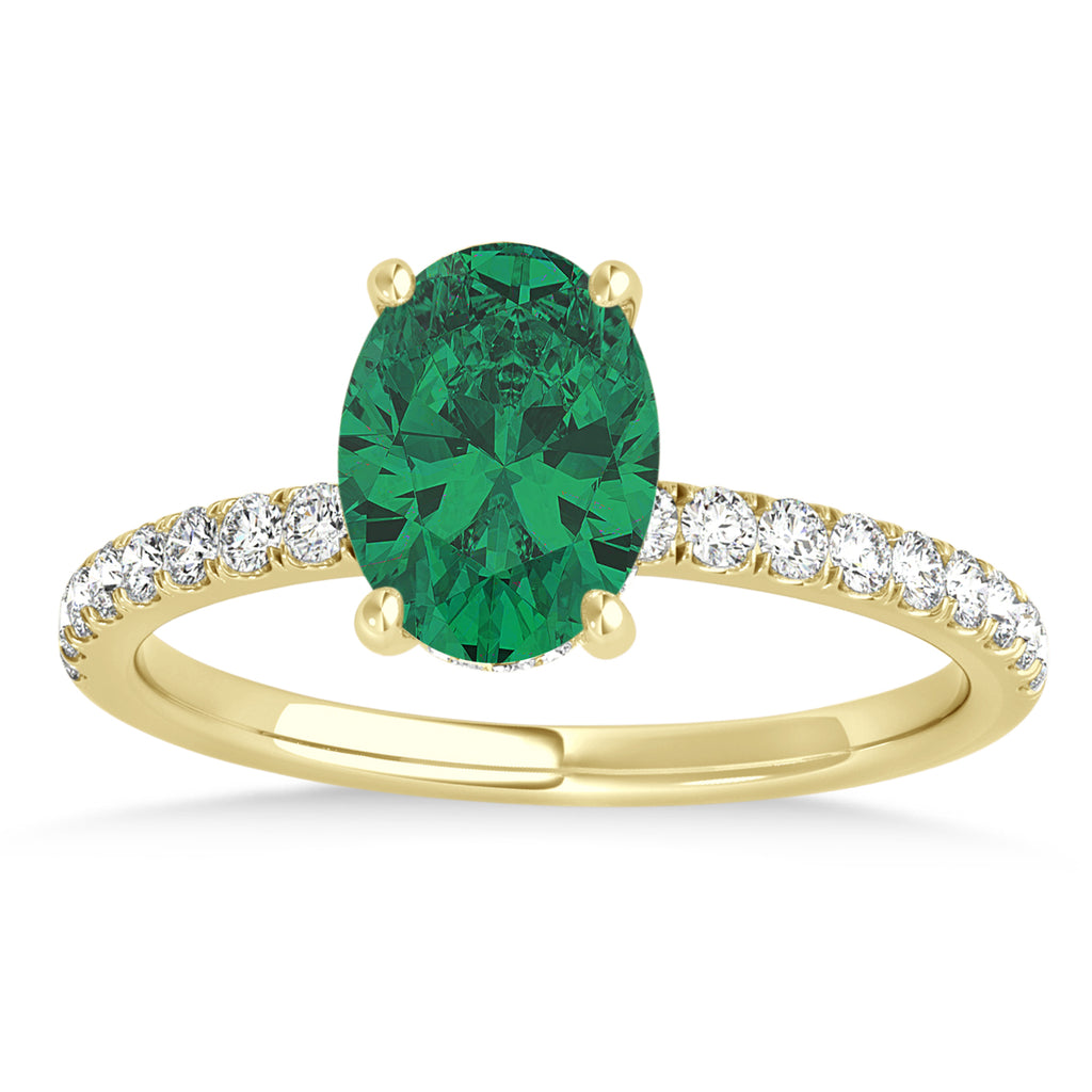 Oval Emerald & Diamond Single Row Hidden Halo Engagement Ring 18k Yellow Gold (0.68ct)