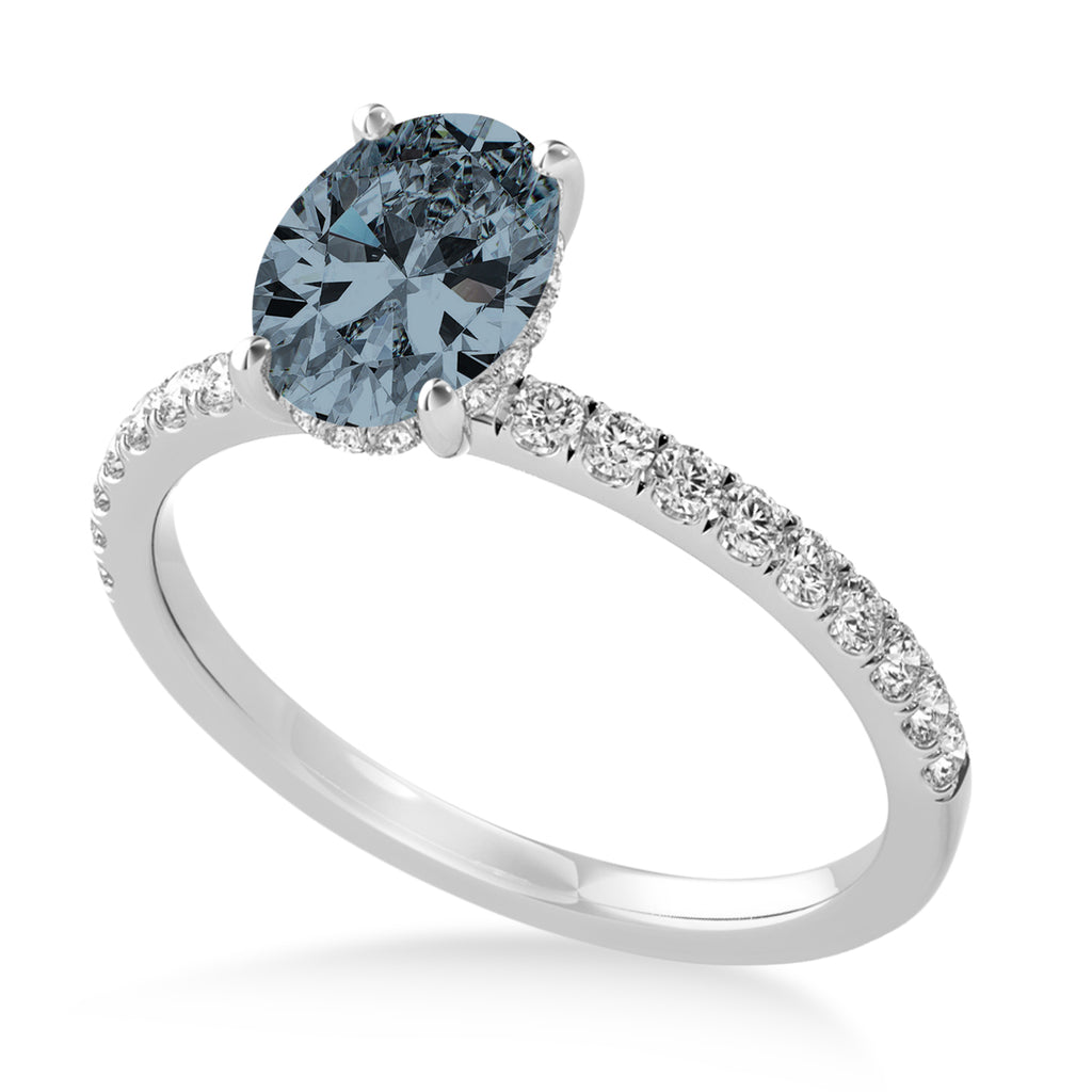 Oval Gray Spinel & Diamond Single Row Hidden Halo Engagement Ring 18k White Gold (0.68ct)