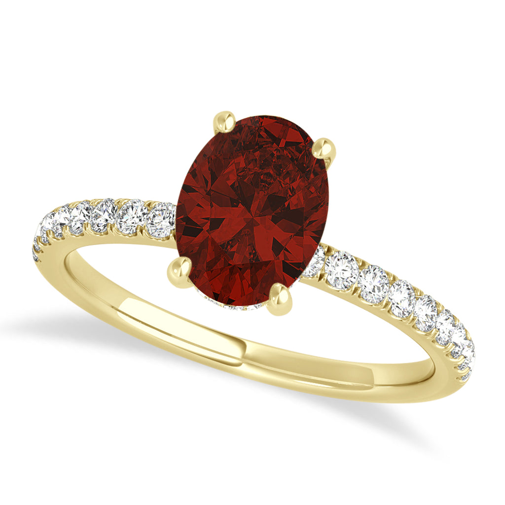 Oval Garnet & Diamond Single Row Hidden Halo Engagement Ring 14k Yellow Gold (0.68ct)