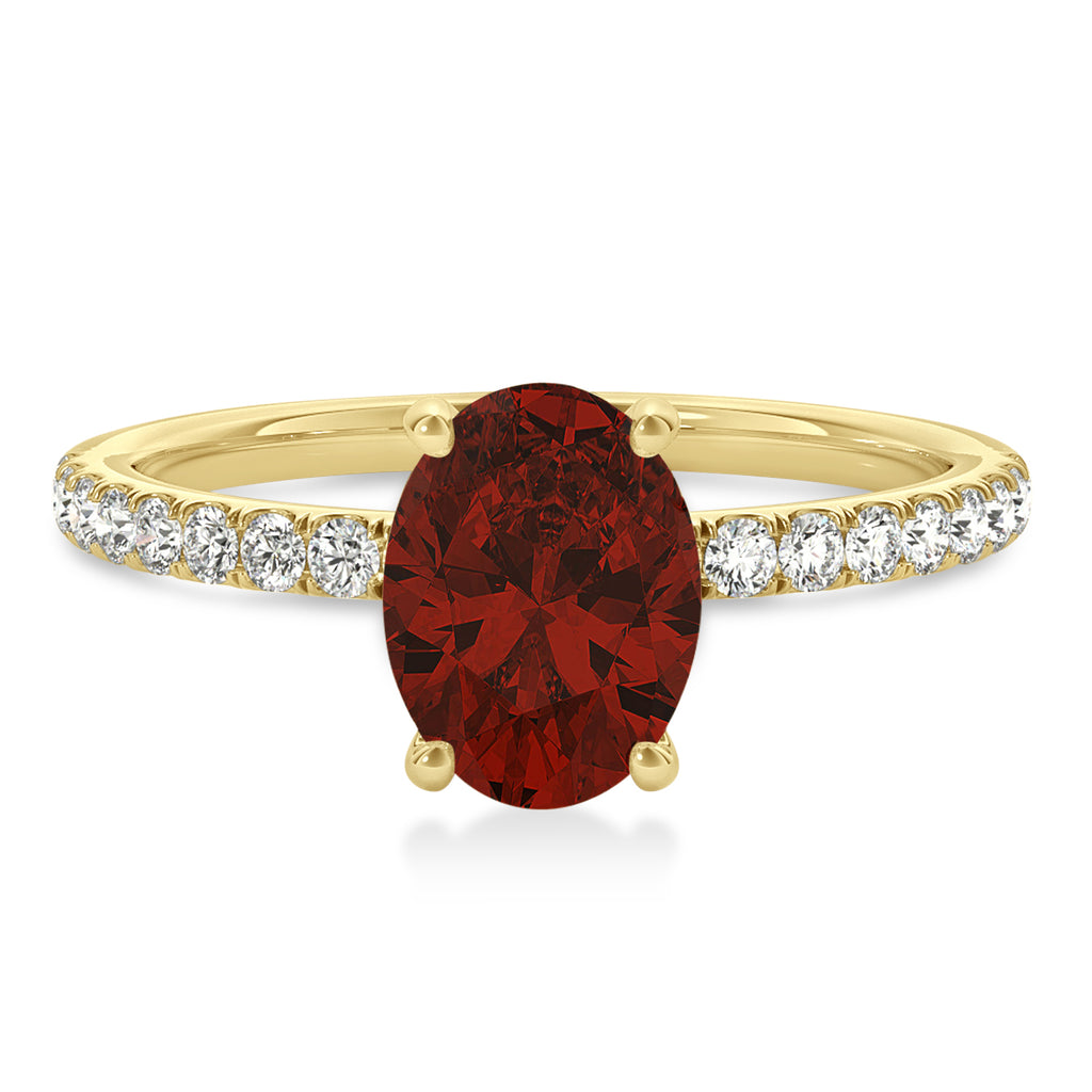 Oval Garnet & Diamond Single Row Hidden Halo Engagement Ring 14k Yellow Gold (0.68ct)