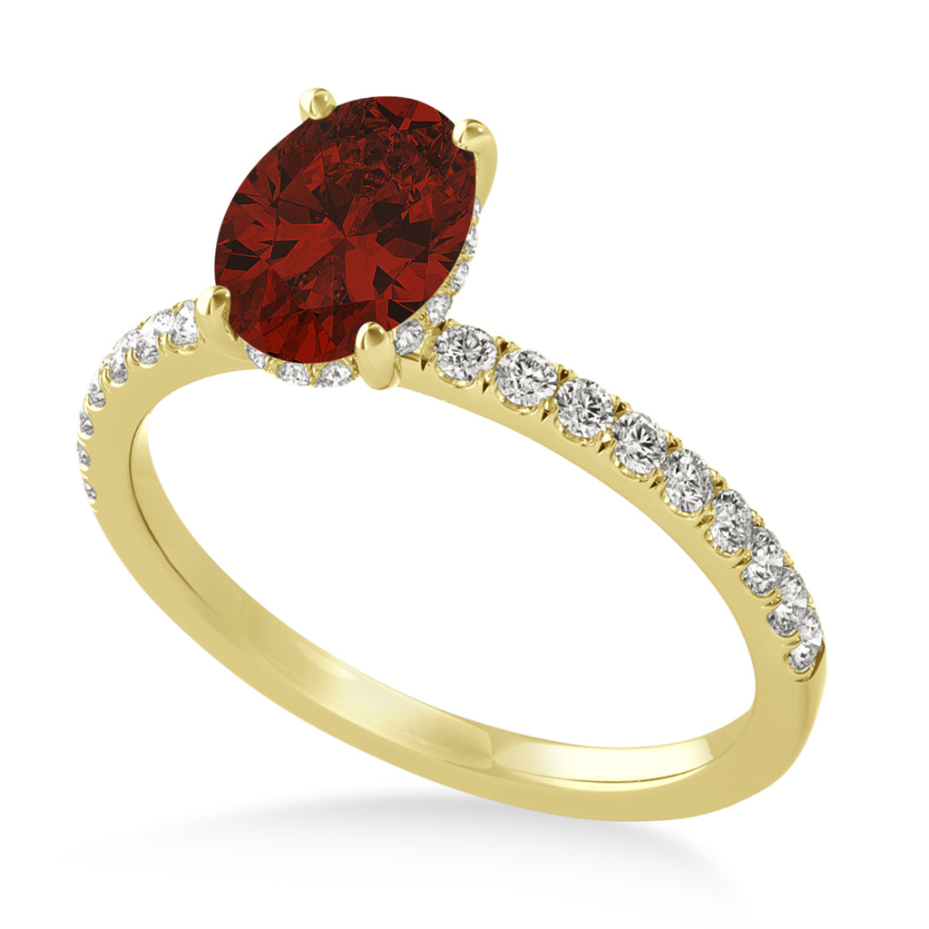 Oval Garnet & Diamond Single Row Hidden Halo Engagement Ring 14k Yellow Gold (0.68ct)