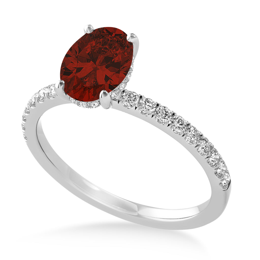 Oval Garnet & Diamond Single Row Hidden Halo Engagement Ring 18k White Gold (0.68ct)