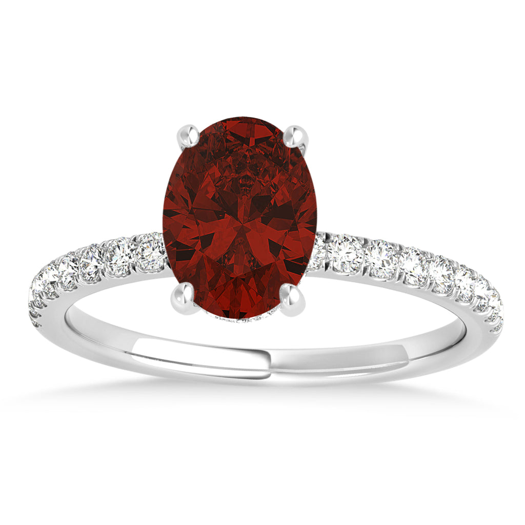 Oval Garnet & Diamond Single Row Hidden Halo Engagement Ring 18k White Gold (0.68ct)