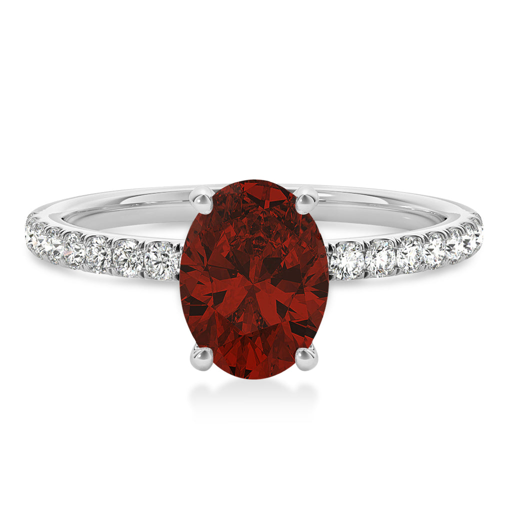 Oval Garnet & Diamond Single Row Hidden Halo Engagement Ring Platinum (0.68ct)