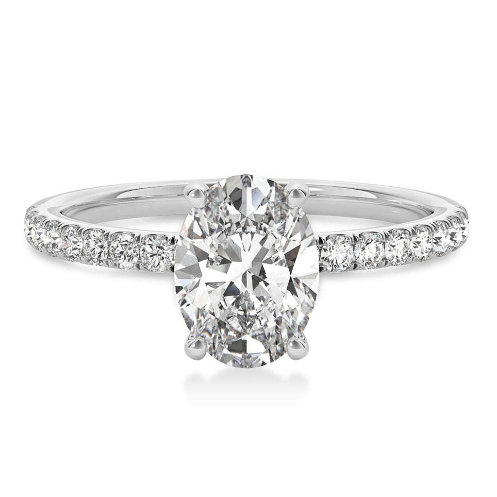 Oval Lab Diamond Single Row Hidden Halo Engagement Ring 18k White Gold (0.68ct)