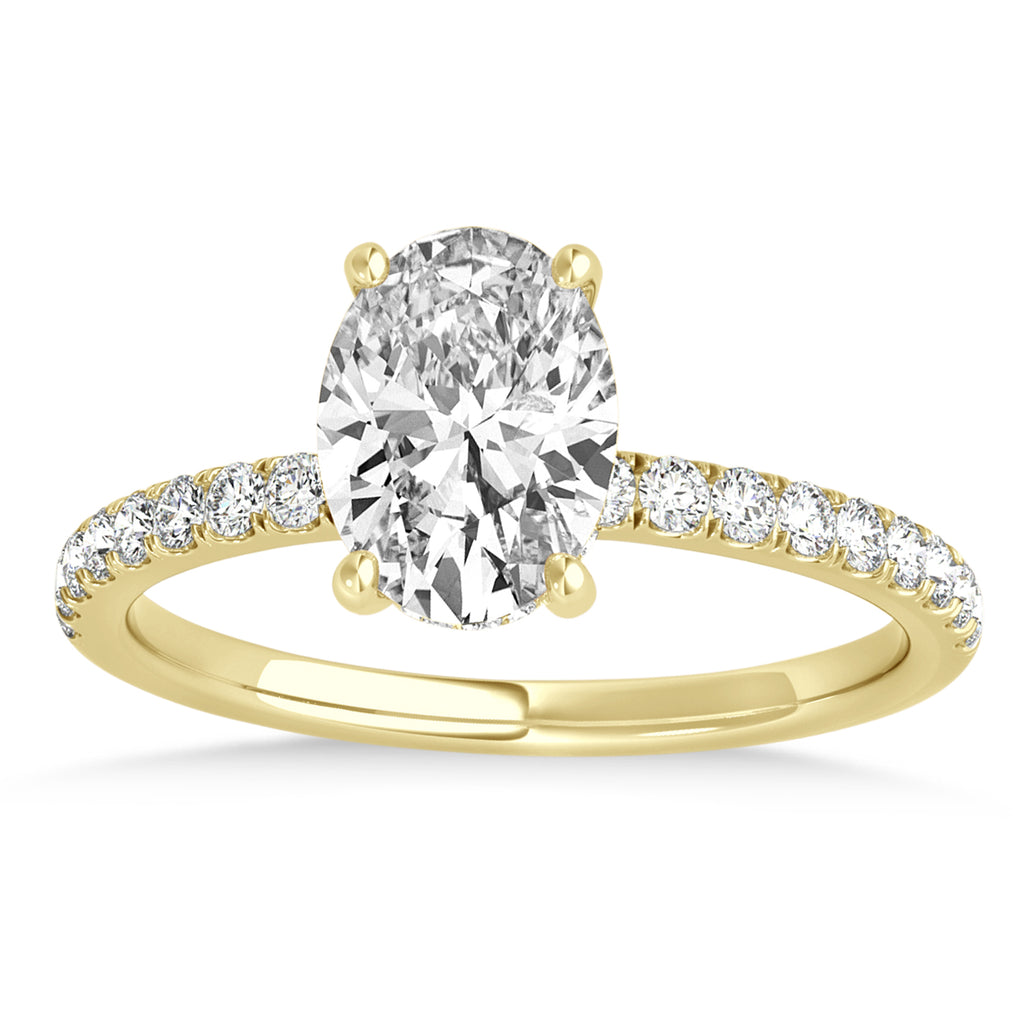 Oval Lab Grown Diamond Single Row Hidden Halo Engagement Ring 18k Yellow Gold (2.50ct)